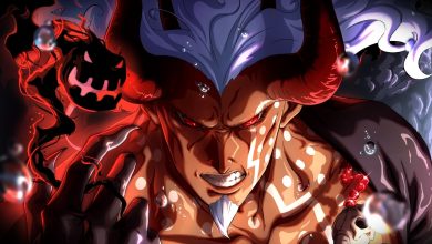 Imu sous sa forme démoniaque face à Luffy, Loki et Hajrudin dans One Piece chapitre 1191